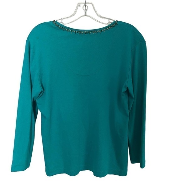 Chicos Beaded Longsleeve V Neck Top Teal Blue Size 1 US 8 - Picture 2 of 6